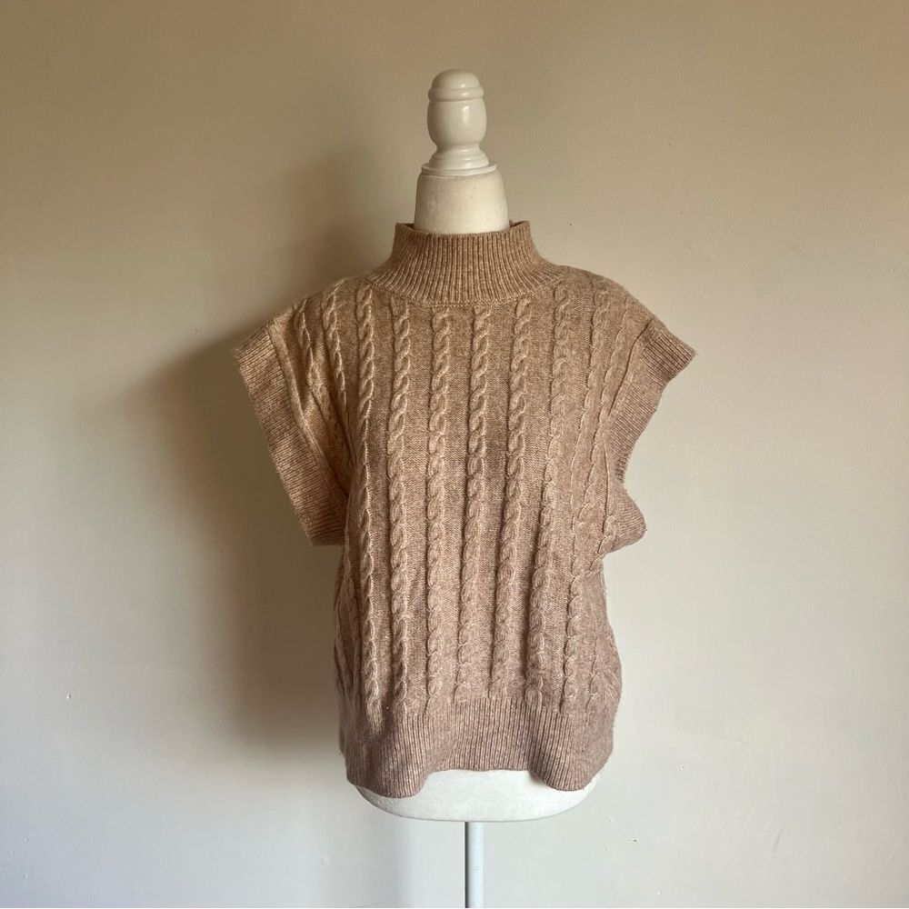 Cupcakes & Cashmere Tan-Beige Mock Neck Cable Knit Sweater Vest